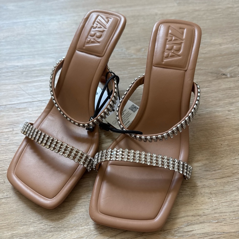 Zara Tan Embellished Strappy Mule Sandals 6 NWT